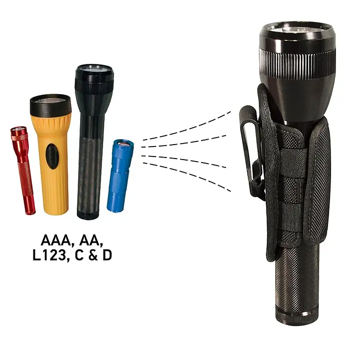 Nebo Tools Soporte ajustable Liteholster para linterna - L x An x Al: 14 x 5,5 x 4 cm - Varias linternas (roja, amarilla, negra, azul), una azul emite luz. Gran linterna negra en funda de tela. Compatible con pilas AAA, AA, L123, C y D.