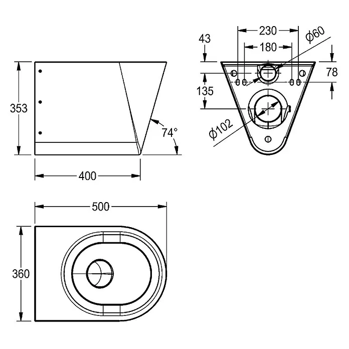 KWC Waschbecken KWC -  - Technisches Diagramm einer weißen wandhängenden Toilette mit detaillierten Abmessungen und Befestigungspunkten.