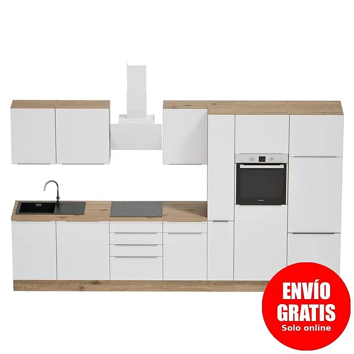 BAUHAUS Composición de cocina Marleen - Ancho: 370 cm, Blanco, Color del cuerpo: Marrón, Con electrodomésticos - Cocina moderna blanca con encimeras efecto madera clara, fregadero, vitrocerámica, horno y campana.