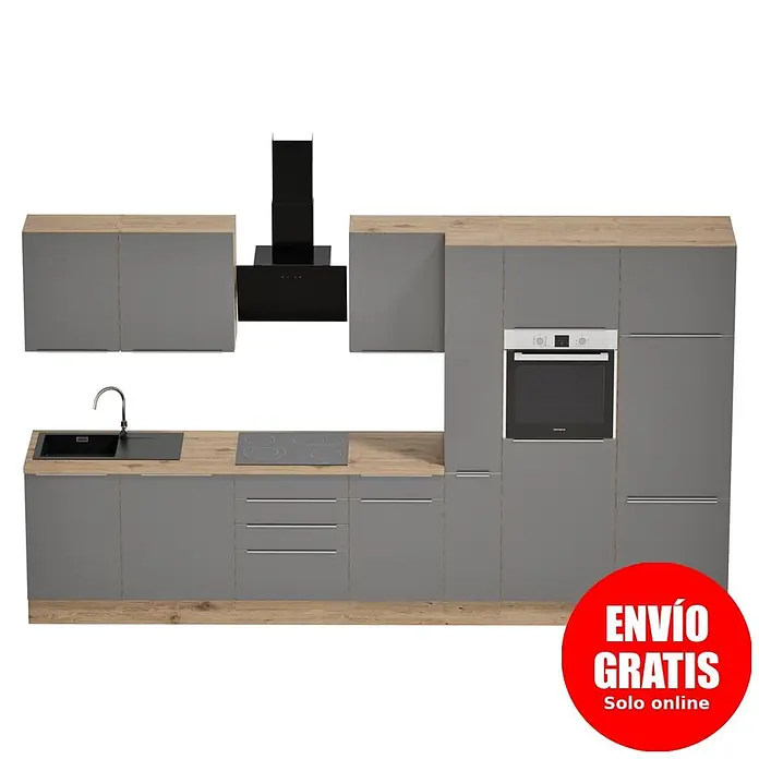 BAUHAUS Composición de cocina Marleen - Ancho: 370 cm, Gris, Color del cuerpo: Marrón, Con electrodomésticos - Cocina modular gris con encimeras de madera clara, con fregadero, placa, horno y campana extractora negra.