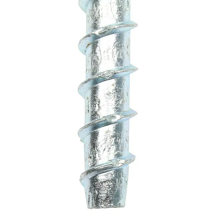 Profi Depot Kombibetonschraube - Durchmesser: 10,5 mm, Länge: 80 mm, V 40, 25 Stk. - Nahaufnahme einer glänzenden Metallschraube mit spiralförmigem Gewinde vor einem neutralen, schwarzen Hintergrund.