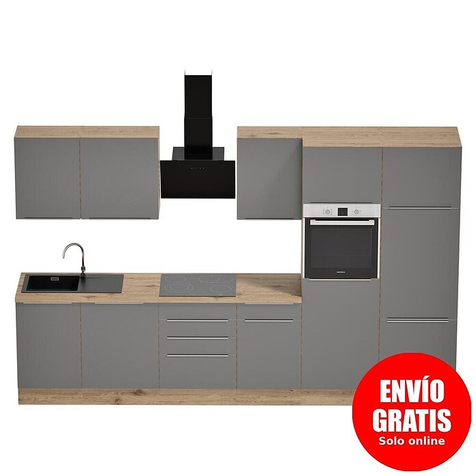 BAUHAUS Composición de cocina Marleen (Ancho: 340 cm, Gris, Color del cuerpo: Marrón, Con electrodomésticos) | BAUHAUS