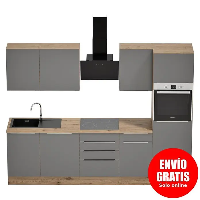 BAUHAUS Composición de cocina Marleen - Ancho: 280 cm, Gris, Color del cuerpo: Marrón, Con electrodomésticos - Cocina moderna con armarios grises, encimeras efecto madera, fregadero negro, placa, campana y horno integrado. Placa roja 'ENVÍO GRATIS'.