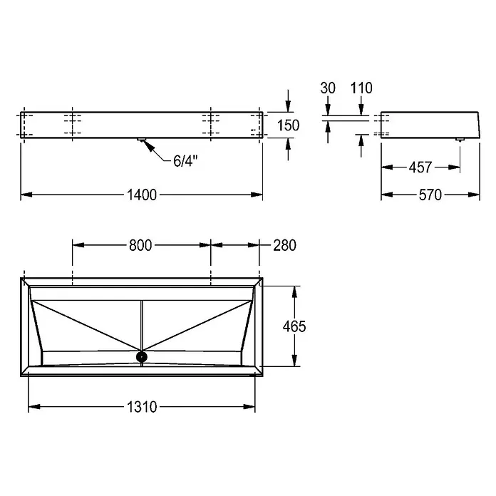 KWC Waschbecken KWC - B x L: 22 x 150 cm, Edelstahl - Technische Zeichnung eines rechteckigen Beckens mit Ansichten und Maßen.
