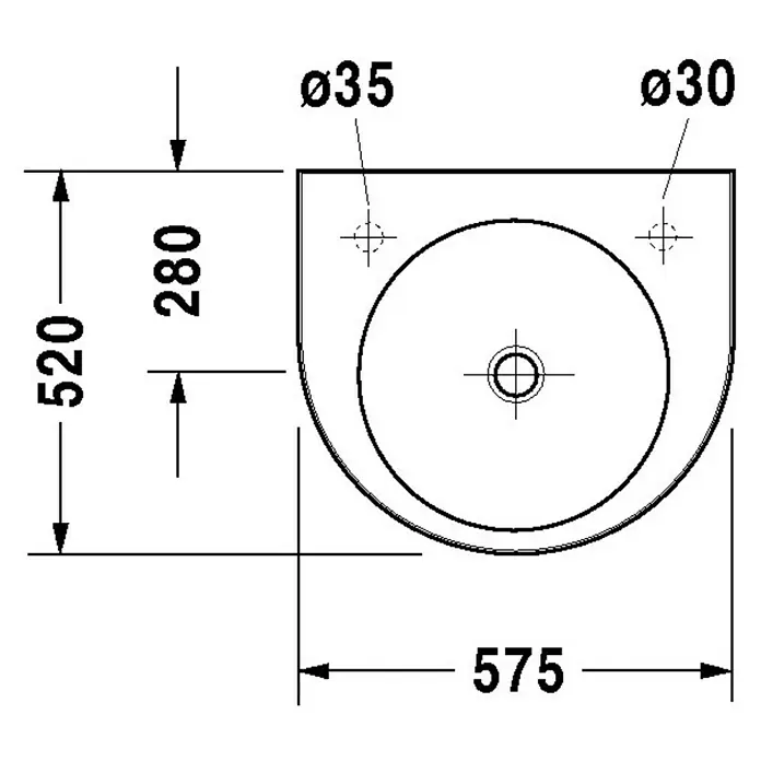 Duravit Architec Waschtisch - 57,5 x 52 cm, Ohne Spezialglasur, Hahnloch: Links, Ohne Überlauf, Weiß - Technische Zeichnung eines Aufsatzwaschbeckens mit Maßangaben für Installation und Design.