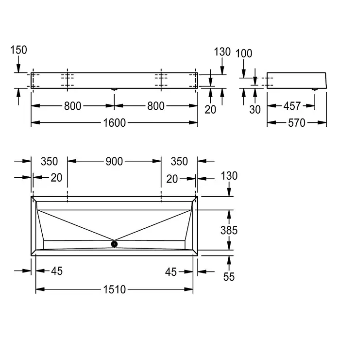 KWC Doppelwaschtisch KWC AR Reihenwaschanlage, PRESTIGE, Edst., 1600x150x570 mm, 2 Waschplätze - 60 x 180 cm, Hahnloch: Ohne, Edelstahl - Rechteckiges Waschtisch-Technikschema mit Maßen und zentralem Abfluss.