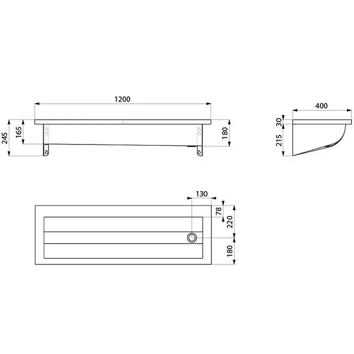 Delabie Doppelwaschtisch Delabie Waschrinne CANAL L.1200 o. Hl. Ablauf rechts Edst. 1.4301 sat - Hahnloch: Ohne, Ohne Überlauf, Edelstahl - Technisches Diagramm eines rechteckigen Wandwaschbeckens mit Abmessungen 1200x400x245 mm und einem Hahnloch.
