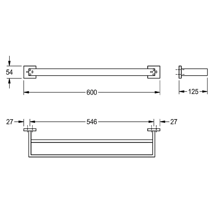 KWC Doppelwaschtisch KWC AR Doppelhandtuchstange, CUBUS, Edst., 600x54x125 mm, AP, hgl - 64 x 13,5 cm, Edelstahl - Technische Zeichnung eines Handtuchhalters mit Maßen: 600mm Länge, 125mm Tiefe, 54mm Höhe.