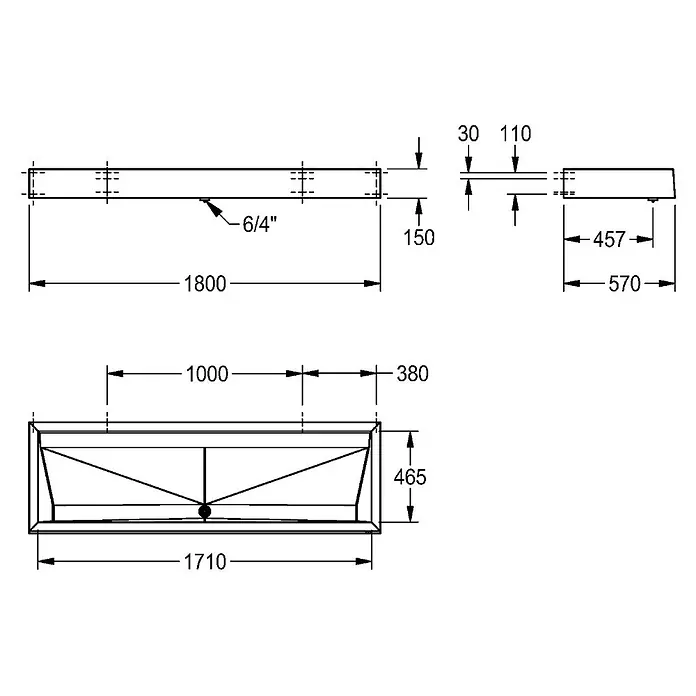 KWC Doppelwaschtisch KWC AR Reihenwaschanlage, PRESTIGE, Edst., 1800x150x570 mm, 3 Waschplätze - 21 x 186 cm, Edelstahl - Technische Zeichnung einer rechteckigen Badewanne mit Maßen: 1800mm lang, 570mm breit und 150mm hoch.