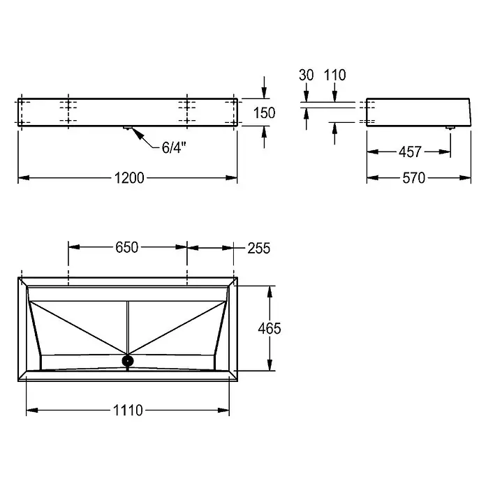 KWC Doppelwaschtisch KWC AR Reihenwaschanlage, PRESTIGE, Edst., 1200x150x570 mm, 2 Waschplätze - 16 x 140 cm, Hahnloch: Ohne, Edelstahl - Technische Zeichnung eines rechteckigen Waschbeckens, 1200 mm lang, 570 mm breit, 150 mm hoch, mit Innenmaßen und Abflussdetails.