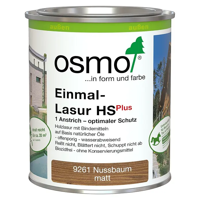 Osmo Holzlasur HSPlus 9261 - Nussbaum, 750 ml, Seidenmatt - Osmo Einmal-Lasur HSPlus, 9261 Nussbaum matt, Holzlasur für außen.