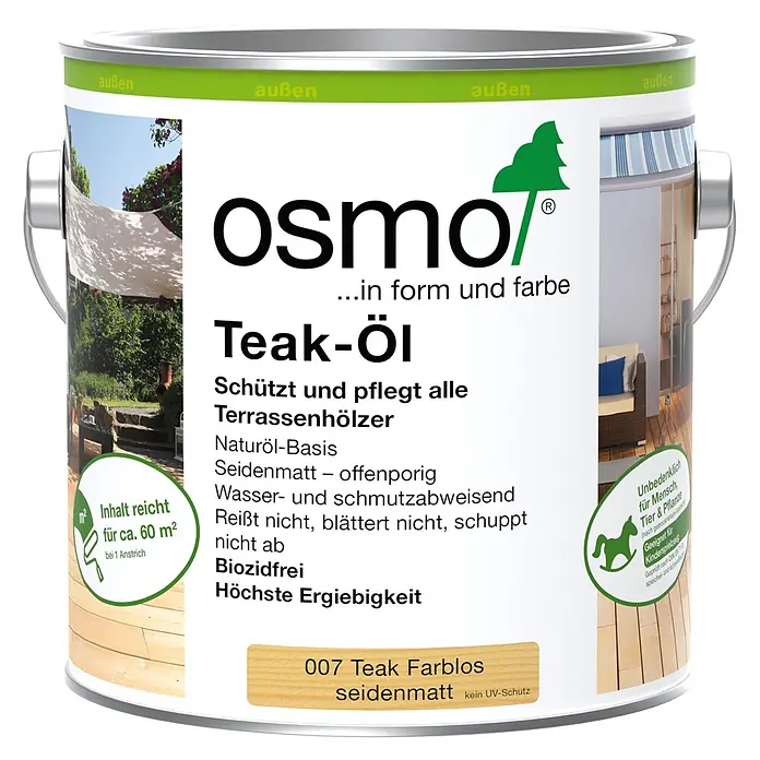 Osmo Teak-Öl Seidenmatt 007 - 2,5 l - Osmo Teak-Öl in einer Dose. Für Terrassenhölzer, farblos seidenmatt, schützt und pflegt.