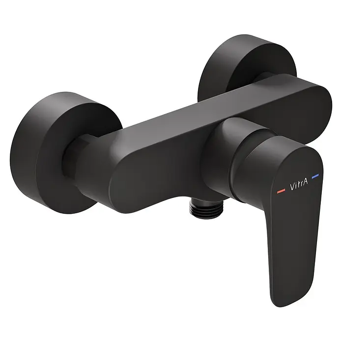 VitrA Flow Soft Brausearmatur - Ausladung: 12,7 cm, Schwarz, Matt - Mattschwarzer wandmontierter Duschmischer mit Einhebelgriff und Warm-/Kaltanzeigen.