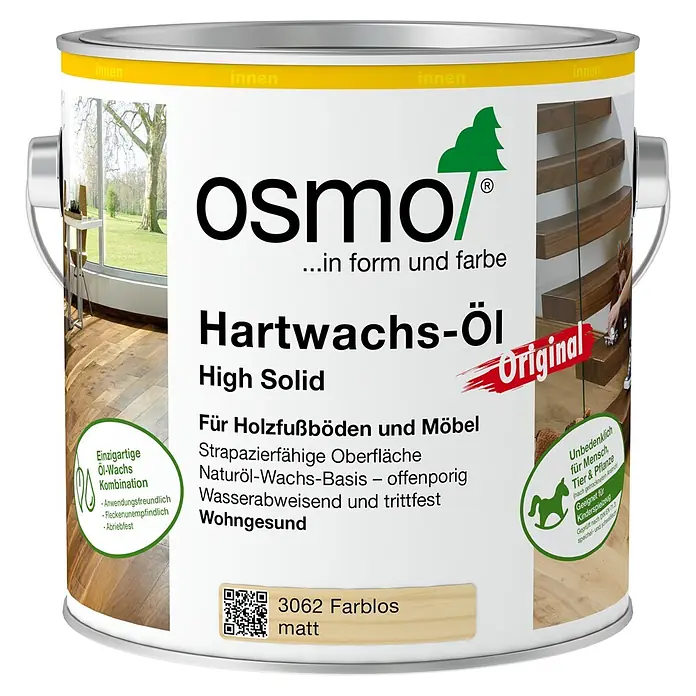 Osmo High Solid Hartwachsöl Original 3062 - Farblos, 2,5 l, Matt - Eine Dose Osmo Hartwachs-Öl High Solid, 3062 Farblos matt, für Holzfußböden und Möbel.