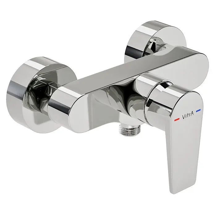 VitrA Flow Square Brausearmatur - Ausladung: 12,7 cm, Chom, Glänzend - Chrom-Einhebel-Brausemischer von Vitra mit Rot/Blau-Temperaturanzeigen.