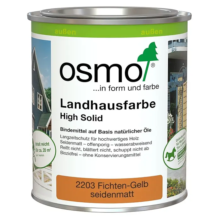 Osmo High Solid Landhausfarbe - Fichtengelb, 750 ml, Seidenmatt - osmo Landhausfarbe High Solid, Farbton 2203 Fichten-Gelb seidenmatt in einem Silbereimer.