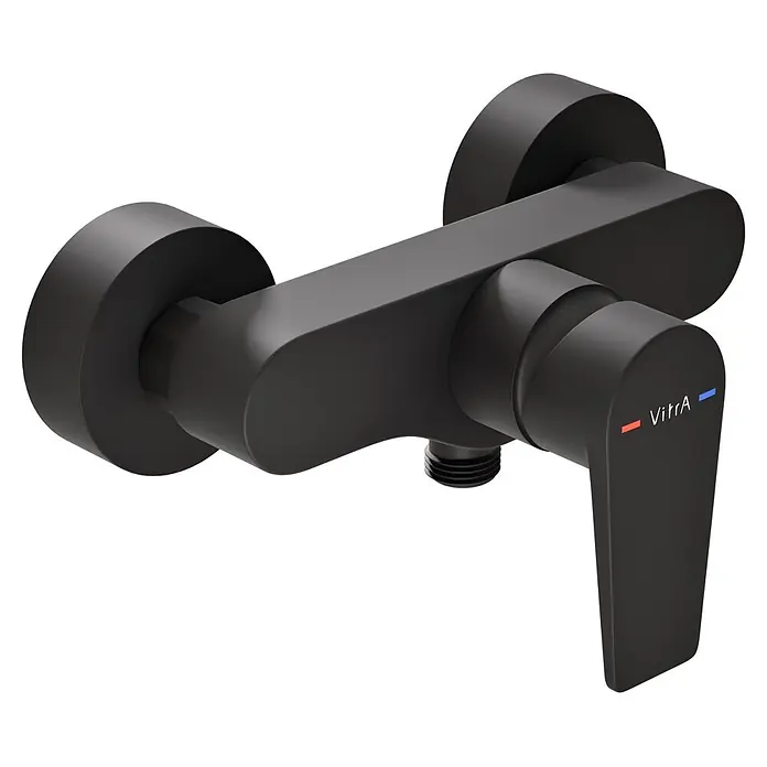 VitrA Flow Square Brausearmatur - Ausladung: 12,7 cm, Schwarz, Matt - Matter schwarzer Wand-Duschmischer mit Einhebelgriff und VitrA-Branding.
