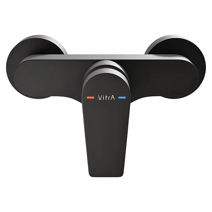 VitrA Flow Square Brausearmatur - Ausladung: 12,7 cm, Schwarz, Matt - Schwarzer moderner Dusch-/Badewannenmischer mit VitrA-Logo und Heiß-/Kaltanzeigen.