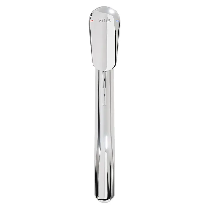 VitrA Flow Round Spültischarmatur - Niederdruck, Chrom, Glänzend, Höhe: 17,4 cm - Ein hoher, glänzender Chromwasserhahn in modernem Design, mit VitrA-Logo und roten/blauen Warm-/Kaltwasseranzeigen.