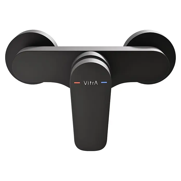 VitrA Flow Soft Brausearmatur - Ausladung: 12,7 cm, Schwarz, Matt - Matter schwarzer wandmontierter Bad-/Duschmischer mit VitrA-Logo und rot/blauen Heiß-/Kaltanzeigen.