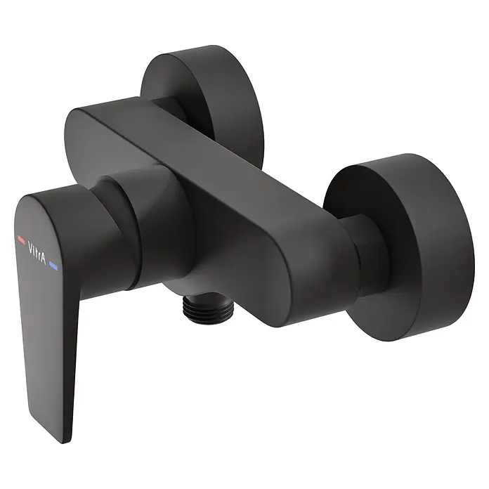VitrA Flow Square Brausearmatur - Ausladung: 12,7 cm, Schwarz, Matt - Mattschwarze Wand-Duscharmatur mit Einhebelmischer und rot/blauen Anzeigen.