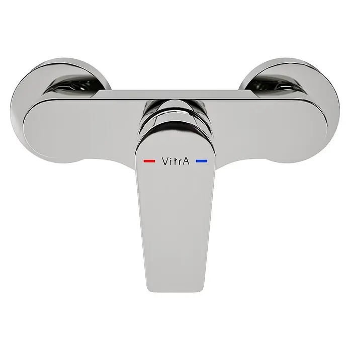 VitrA Flow Square Brausearmatur - Ausladung: 12,7 cm, Chom, Glänzend - Chromfarbene Einhebel-Mischbatterie mit 'VitrA'-Logo und rot/blauen Markierungen.