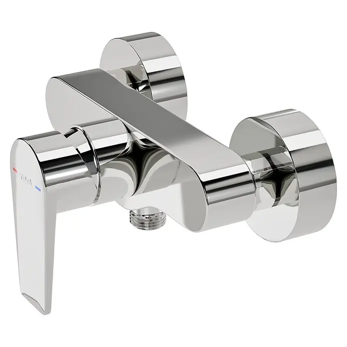 VitrA Flow Square Brausearmatur - Ausladung: 12,7 cm, Chom, Glänzend - Glänzende Chrom-Einhebel-Duscharmatur mit Warm-/Kaltanzeigen und Vitra-Branding.