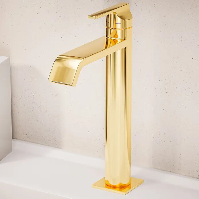 VitrA Suit Waschtischarmatur - Gold, Glänzend, Höhe: 26,4 cm - Moderner goldener hoher Einhebel-Waschtischmischer.