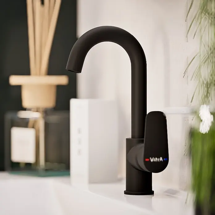 VitrA Flow Soft Waschtischarmatur - Schwarz, Matt, Höhe: 28 cm - Mattschwarze Badarmatur mit gebogenem Auslauf und Hebelgriff in modernem Badezimmerambiente.