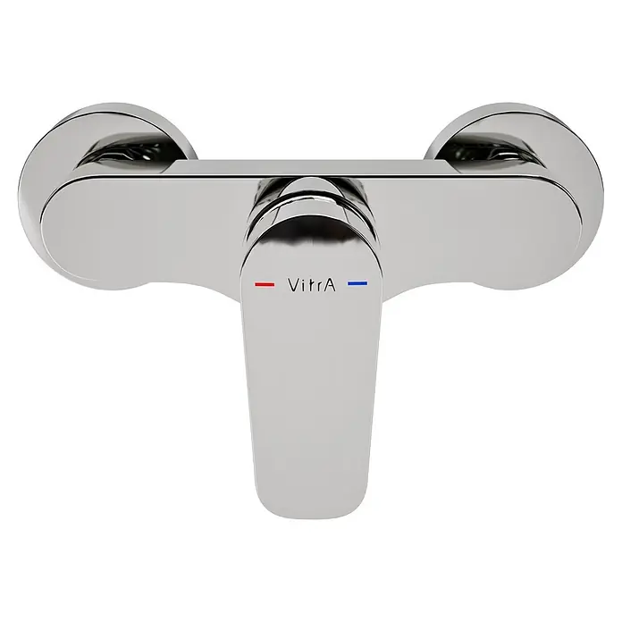 VitrA Flow Soft Brausearmatur - Ausladung: 12,7 cm, Chom, Glänzend - Glänzende Chrom-Einhebelmischbatterie mit roten und blauen Temperaturanzeigen und „VitrA“-Branding.