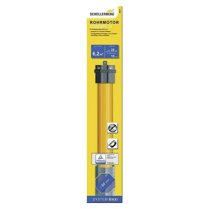 Schellenberg Motor tubular Maxi Standard - Superficie de persiana enrollable máx.: 6,2 m² para persianas de plástico, Longitud de instalación: 500 mm, Fuerza de tracción: 25 kg - Motor tubular Schellenberg Standard 15 para persianas enrollables con ejes octogonales de 60 mm, apto para persianas estándar, listo para instalar.
