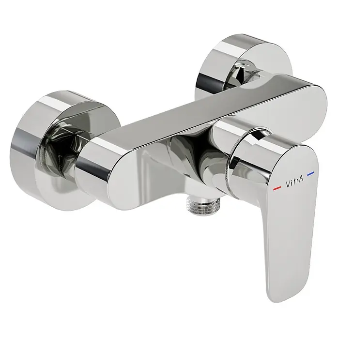 VitrA Flow Soft Brausearmatur - Ausladung: 12,7 cm, Chom, Glänzend - Verchromte Einhebel-Duscharmatur mit VitrA-Branding und rot/blauen Temperaturanzeigen.