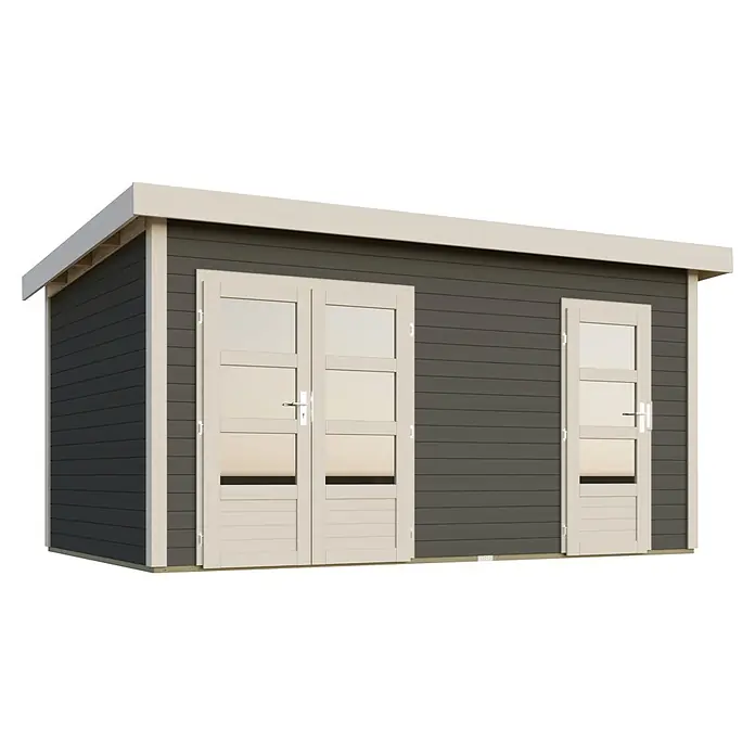 Karibu Gartenhaus Mattrup - Außenmaß inkl. Dachüberstand (B x T): 456 x 303 cm, Holz, Terragrau, Weiß - Dunkelgraues Gartenhaus aus Holz mit hellcremefarbenen Doppel- und Einzeltüren, passender Verkleidung und Dach.