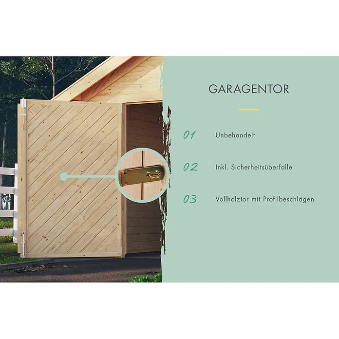 Karibu Garage - Holz, 19,4 m², Wandstärke: 38 mm, Satteldach - Unbehandeltes Massivholz Garagentor mit Sicherheitsüberfalle und diagonalen Brettern, an einer Hütte montiert.