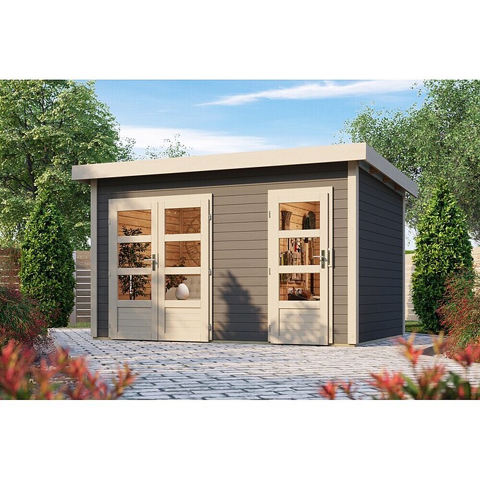 Karibu Gartenhaus Tintrup (273 x 396 cm, Wandstärke: 28 mm, Flachdach, Terragrau)