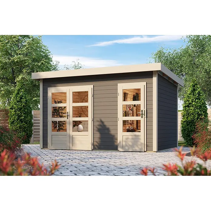 Karibu Gartenhaus Tintrup - Außenmaß inkl. Dachüberstand (B x T): 396 x 273 cm, Holz, Terragrau, Weiß - Modernes dunkelgraues Gartenhaus mit hellem Rand und verglasten Doppeltüren, das innen Werkzeuge und Pflanzen zeigt, auf einer gepflasterten Terrasse.