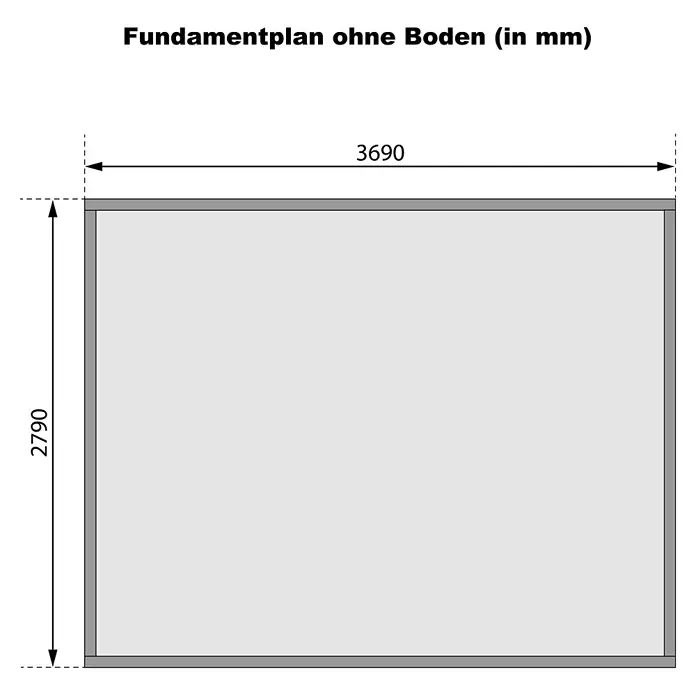 Karibu Gartenhaus Felsenau 5 - Außenmaß inkl. Dachüberstand (B x T): 407 x 320 cm, Holz, Natur - Fundamentplan mit rechteckigem Grundriss und Außenmaßen von 3690mm x 2790mm.