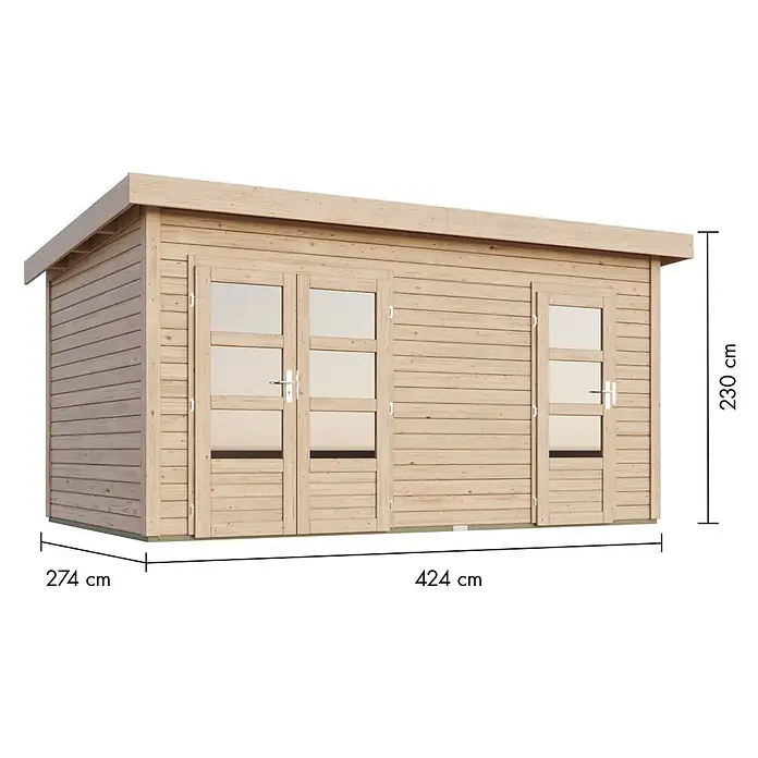 Karibu Gartenhaus Mattrup - Außenmaß inkl. Dachüberstand (B x T): 456 x 303 cm, Holz, Natur - Heller Holz-Gartenschuppen mit Doppel- und Einzeltüren mit Glas, Flachdach, Maße 424x274x230 cm.