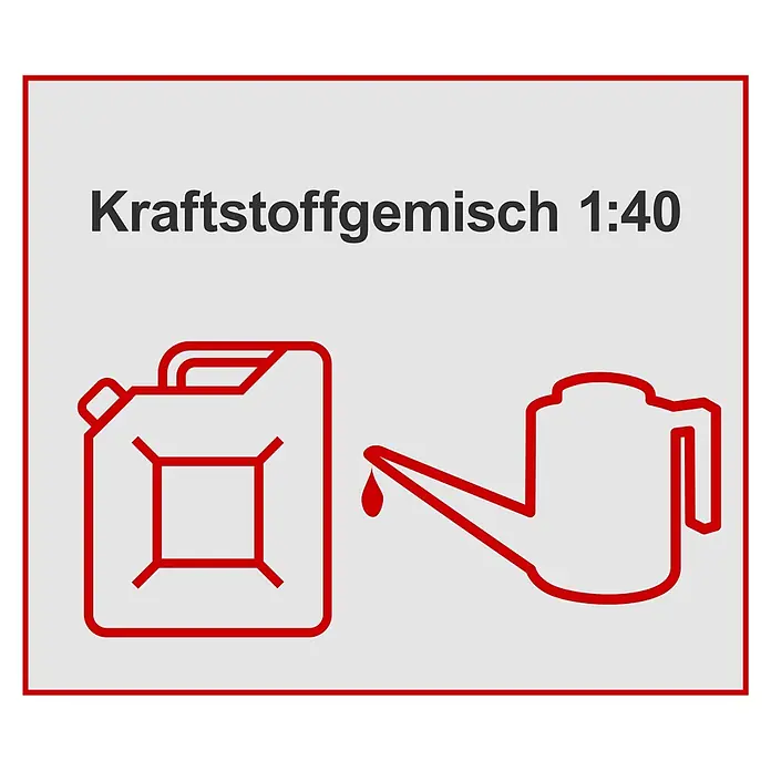 Scheppach Benzin-Multitool PMT520 - 1,4 kW - Rote Umriss-Piktogramme: Benzinkanister, Ölkanne mit Tropfen und Text 'Kraftstoffgemisch 1:40'.