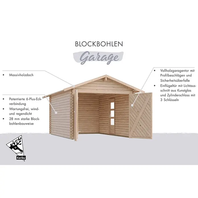Karibu Garage - Holz, 12 m², Wandstärke: 28 mm - Holz-Blockbohlengarage mit Massivholzdach, Hauptgaragentor und einer einzelnen Seitentür mit Fenster.