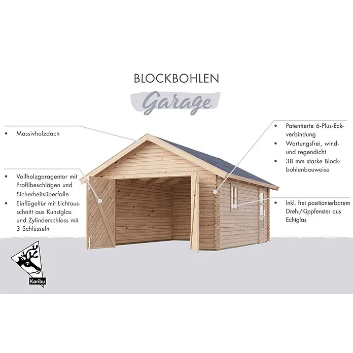 Karibu Garage - Holz, 19,4 m², Wandstärke: 38 mm, Satteldach - Blockbohlen-Holzgarage mit Satteldach, großem Holztor und Seitenfenster.