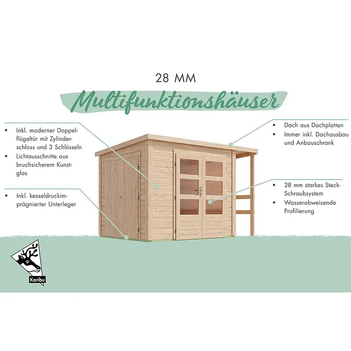 Karibu Gerätehaus Multi - Außenmaß inkl. Dachüberstand (B x T): 319 x 219 cm, Holz, Naturbelassen - Helles Holz-Gartenhaus, 28mm stark, mit doppelter Glastür und angebautem Lagerschrank.