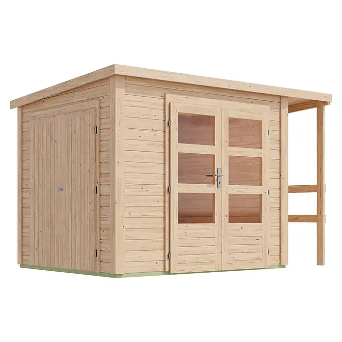 Karibu Gerätehaus Multi - Außenmaß inkl. Dachüberstand (B x T): 319 x 219 cm, Holz, Naturbelassen - Helles Gartenhaus aus Holz mit Doppeltüren aus Glas und offenem Seitenbereich.