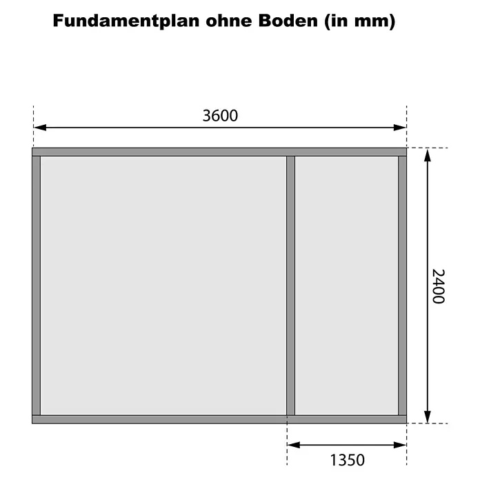 Karibu Gartenhaus Tintrup - Außenmaß inkl. Dachüberstand (B x T): 396 x 273 cm, Holz, Natur - Fundamentplan, 3600x2400mm gesamt mit 1350mm Innenunterteilung, Maße in mm.