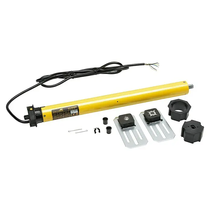 Schellenberg Motor tubular Maxi Plus - Superficie de persiana enrollable máx.: 4,2 m² para persianas de plástico, Longitud de instalación: 555 mm, Fuerza de tracción: 20 kg - Un motor de persiana amarillo Schellenberg Rollopower 45 Plus 10 y accesorios para el control motorizado de persianas, mostrado sobre un fondo negro.