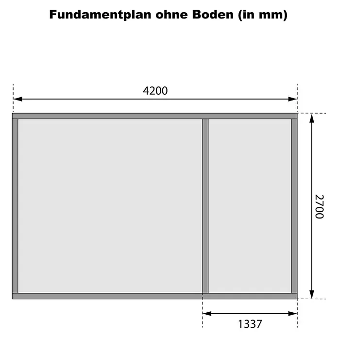Karibu Gartenhaus Mattrup - Außenmaß inkl. Dachüberstand (B x T): 456 x 303 cm, Holz, Terragrau, Weiß - Fundamentplan mit Gesamtmaßen 4200mm x 2700mm und einer Innenunterteilung.