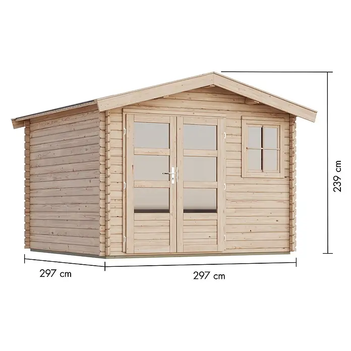 Karibu Gartenhaus Felsenau 3 - Außenmaß inkl. Dachüberstand (B x T): 320 x 320 cm, Holz, Natur - Helles Gartenhaus aus Naturholz mit Doppeltüren, einem Fenster und Maßen von 297x297x239 cm.