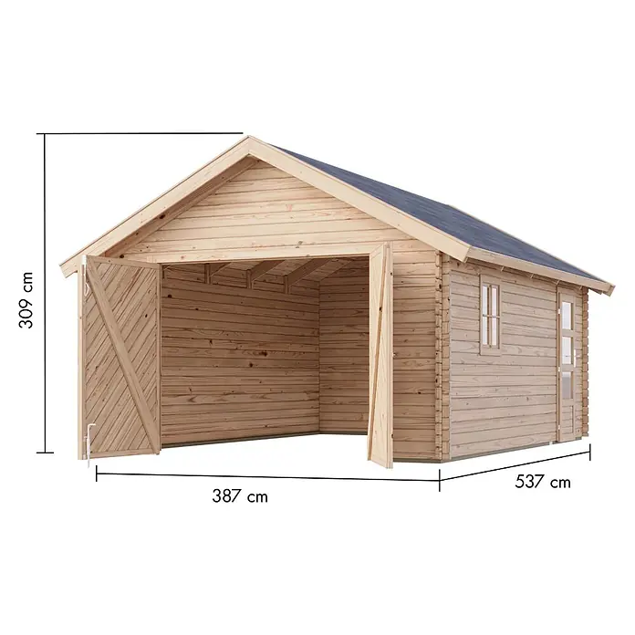 Karibu Garage - Holz, 19,4 m², Wandstärke: 38 mm, Satteldach - Helle Holzgarage mit Giebeldach, offenen Doppeltüren und Seitenfenster. Maße: 309 cm Höhe, 387 cm Breite, 537 cm Tiefe.