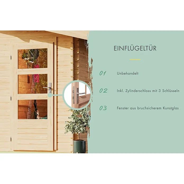 Karibu Garage - Holz, 12 m², Wandstärke: 28 mm - Holz-Einflügeltür für Gartenhäuser, mit unbehandeltem Holz, bruchsicherem Kunstglas und Zylinderschloss.