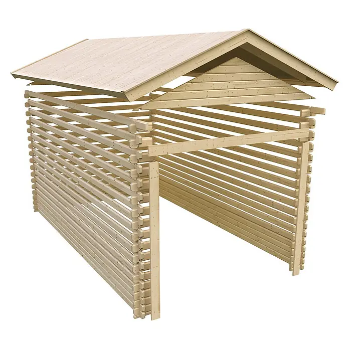 Karibu Garage - Holz, 19,4 m², Wandstärke: 38 mm, Satteldach - Heller Holzunterstand mit Lattenwänden und Satteldach.